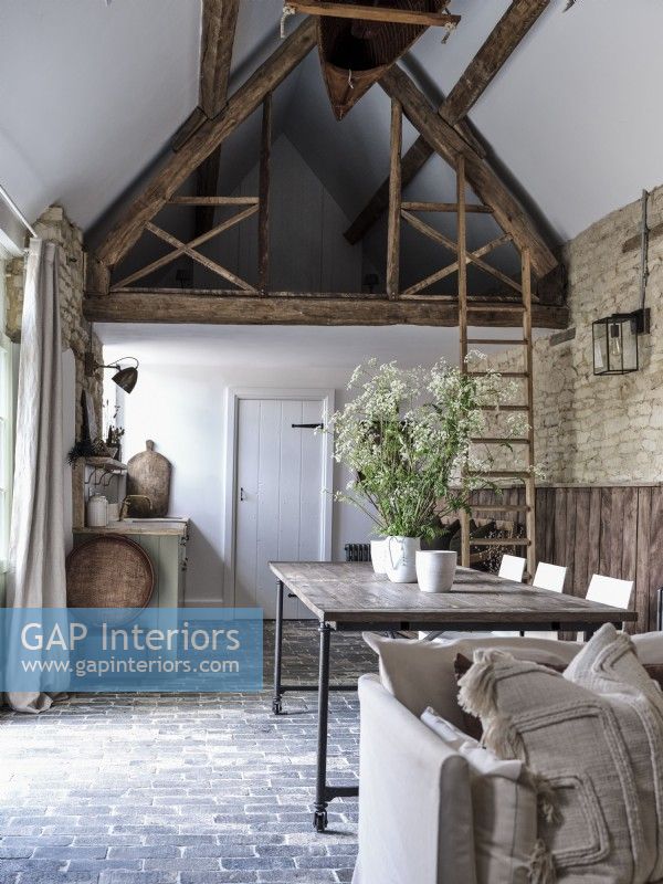 Barn interior with exposed wooden beams