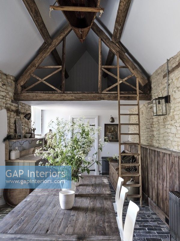 Barn interior with wooden beam features