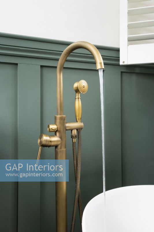 Floor standing brass bath taps against a green paneled wall in a country bathroom