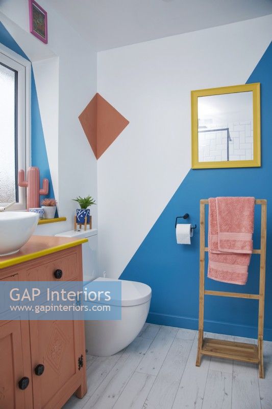 Bathroom with blue and pink colour blocking.
