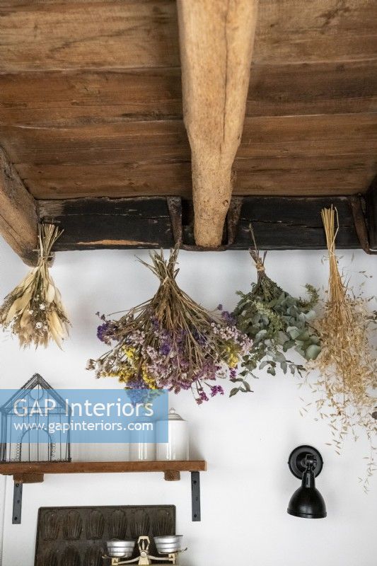 Bunches of flowers drying in country kitchen