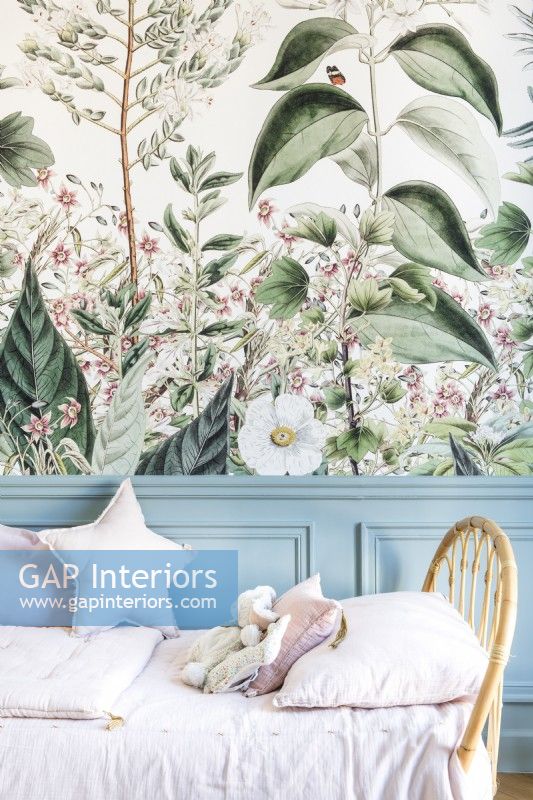 Floral mural on wall of childs bedroom