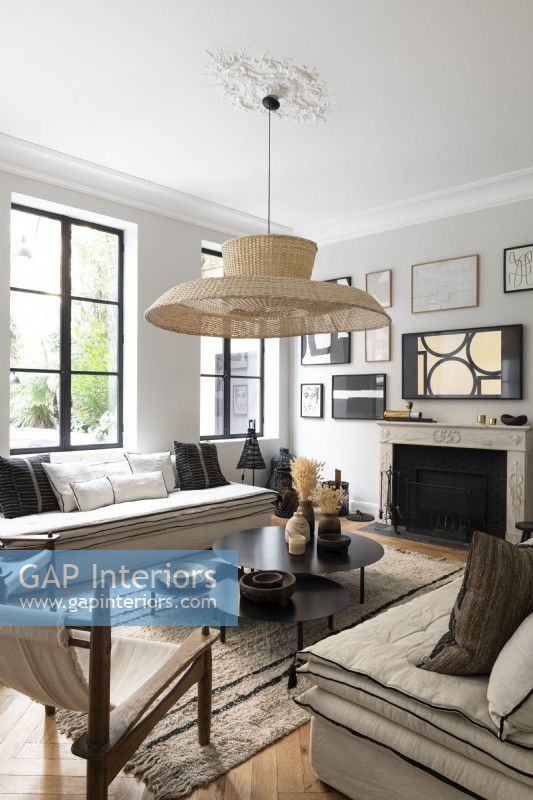 Large central pendant lampshade in modern living room