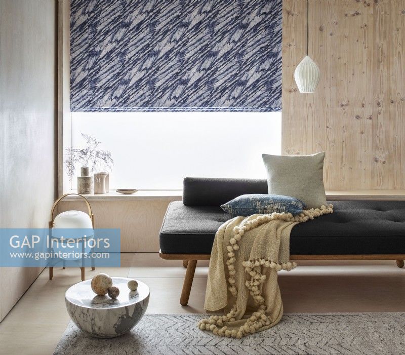 patterned roman blind in contemporary living room