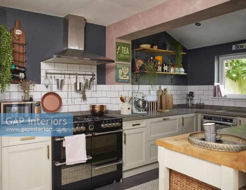 Kitchen with a double oven and pink and blue painted walls.