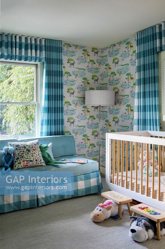 Modern childrens room in blue and white colours.