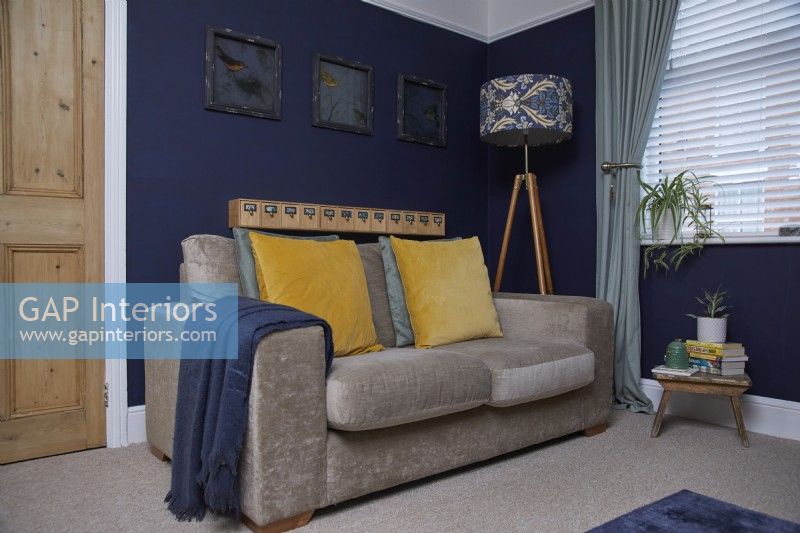 Living room with dark blue painted walls, a grey velvet sofa and a patterned floor lamp.