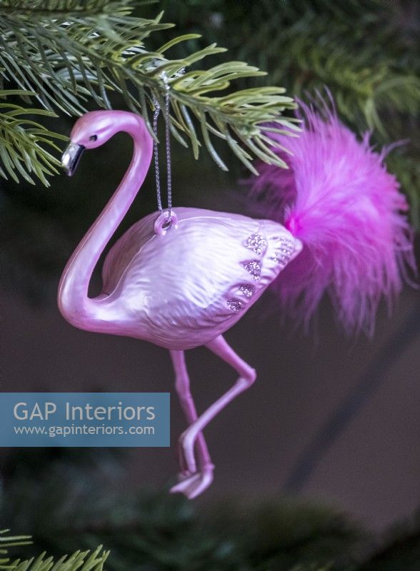 Detail of flamingo Christmas tree decoration 