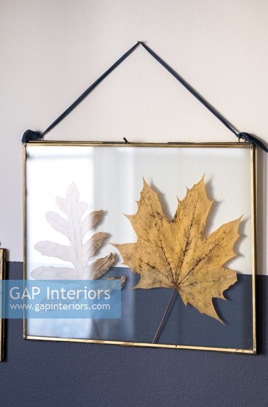 Pressed autumn leaves in metal frame - detail