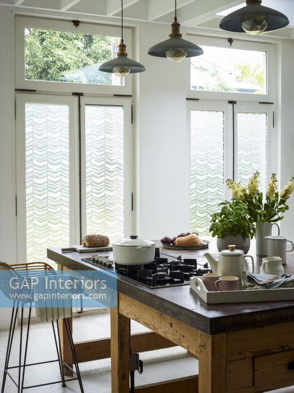 Patterned window film on kitchen doors