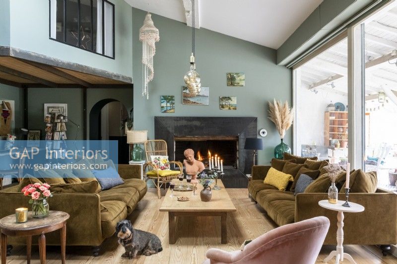 Pet dog in eclectic living room with large fireplace at one end