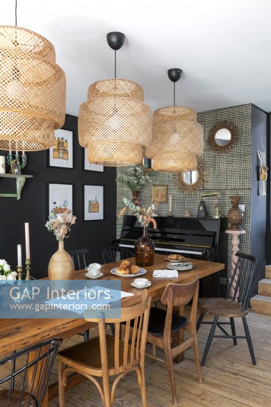 Piano in eclectic dining room