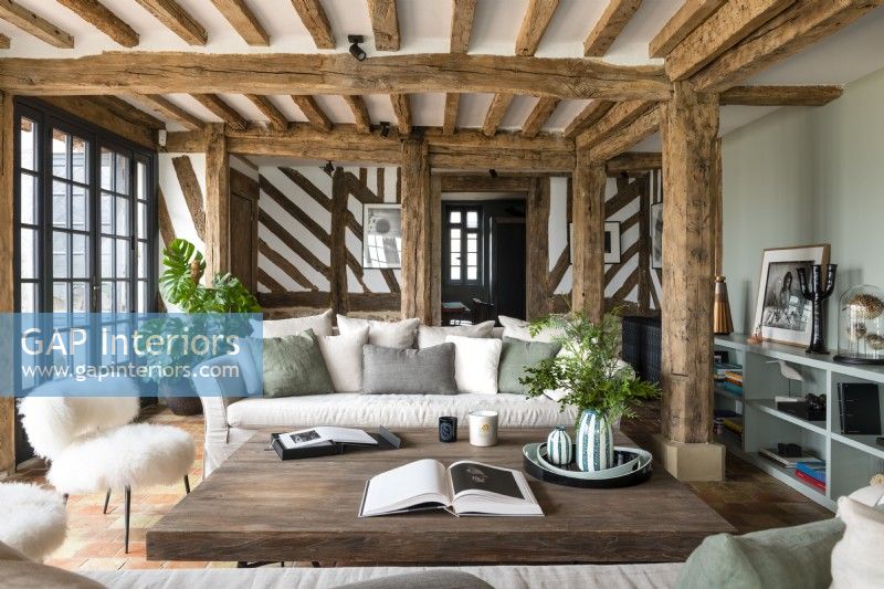Country living room in timber frame house