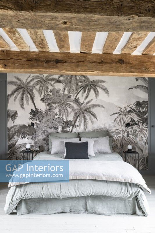 Tropical scene on feature wall in modern country bedroom