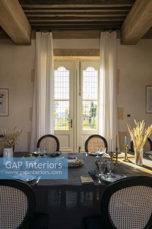 French windows in classic style dining room