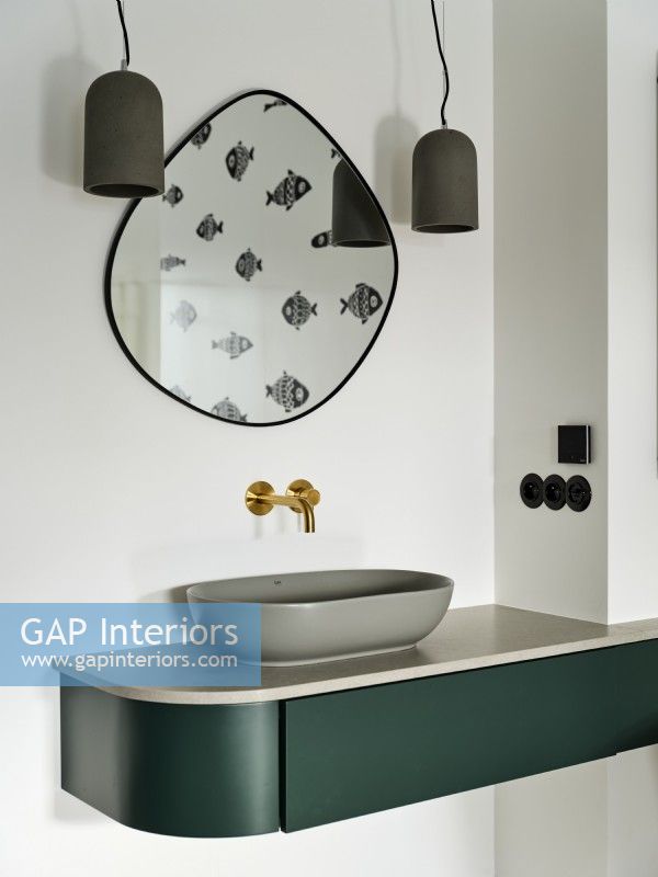 Modern wash basin green cabinet and golden tap