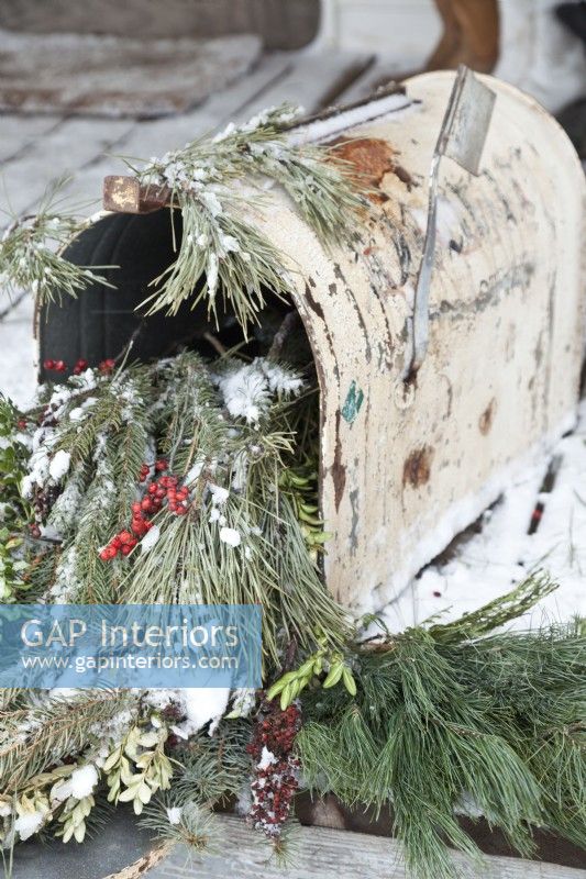 Old mailbox decorated for Christmas with natural greenery and berries.