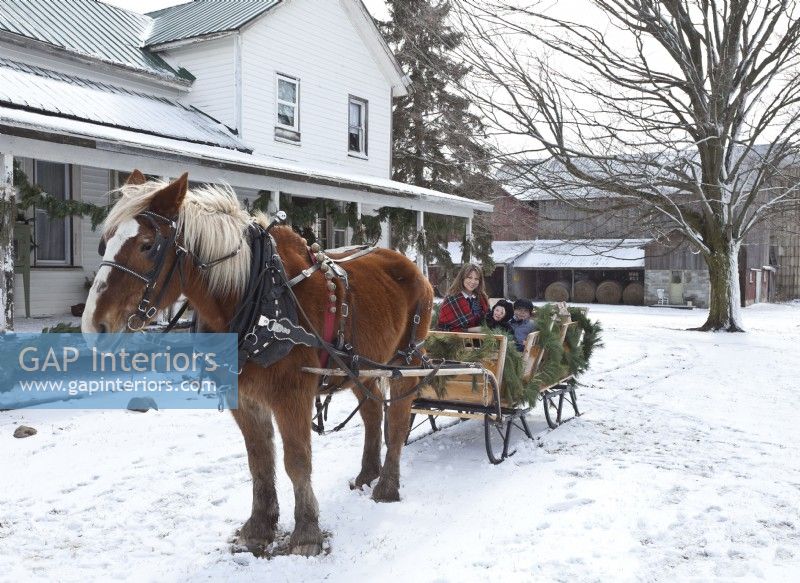 Horse pulling sleigh with mother and children at Christmas
