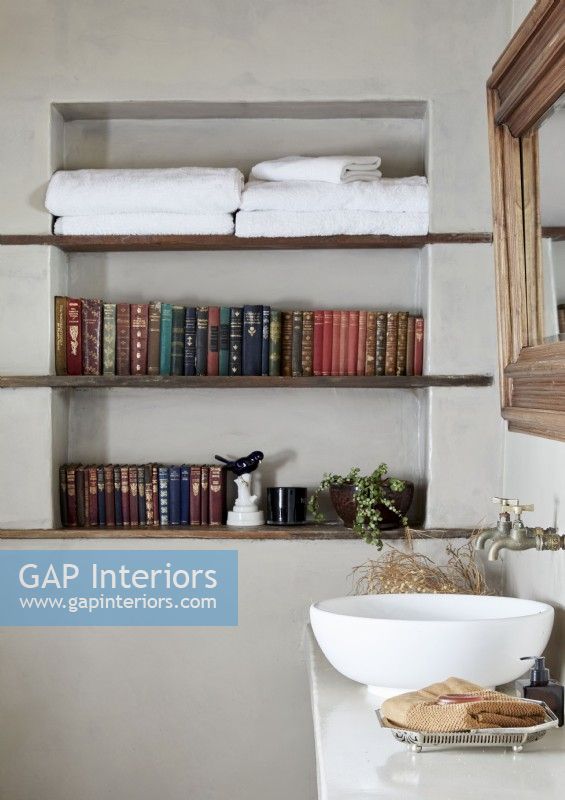 Bowl sink in bathroom with towels and books on shelves