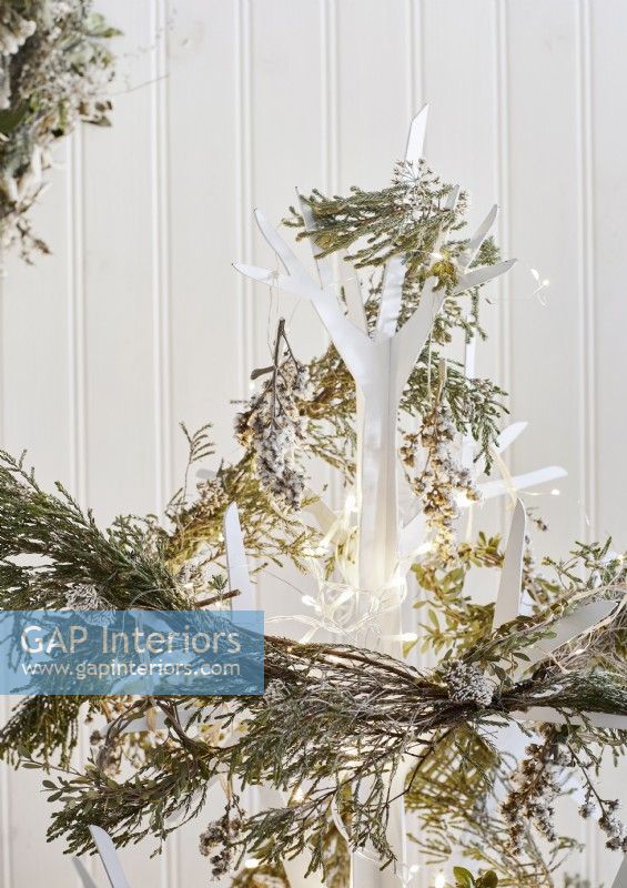 Detail of white wooden Christmas tree