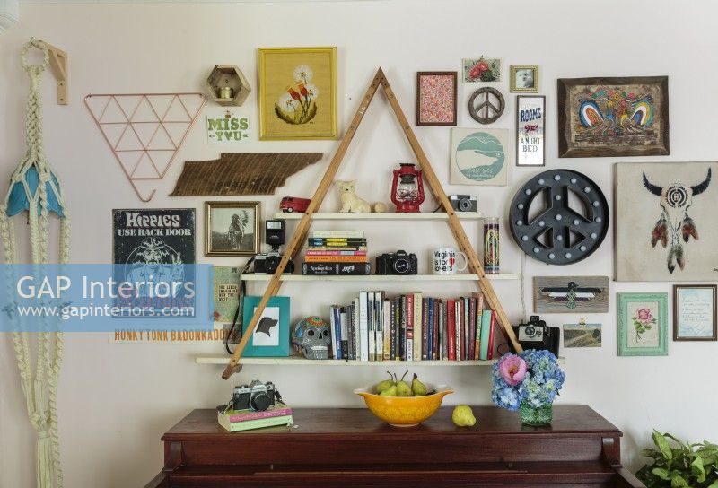 Geometric shapes unite a gallery wall of favorite items.