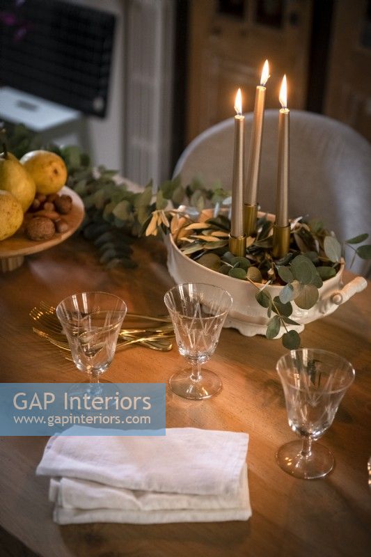 Detail of dining table decorated for Christmas