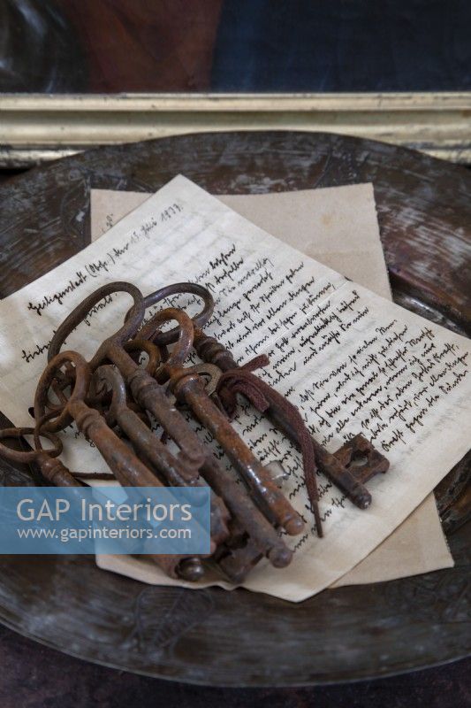 Rusty old keys on a letter - detail