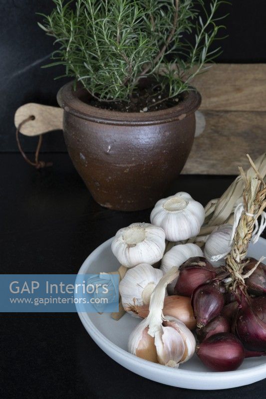 Bowl of garlic bulbs and red onions next to pot of rosemary - detail