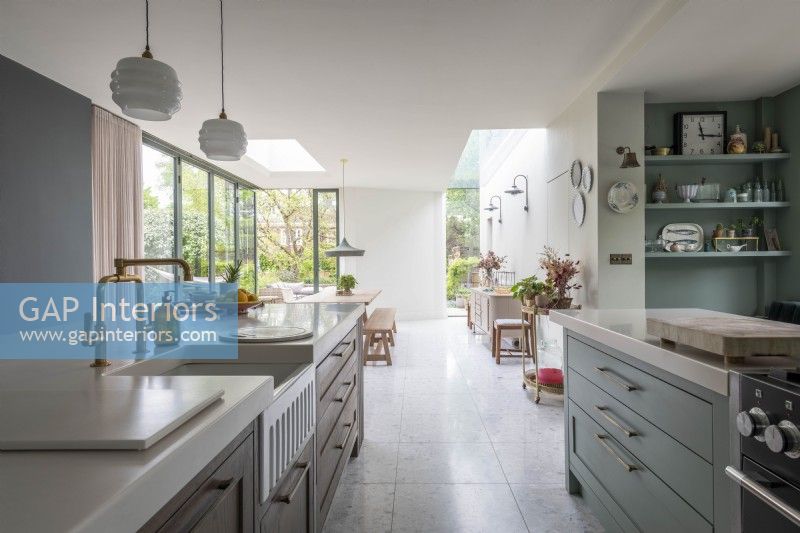 Open plan kitchen with a view through to extension and dining area