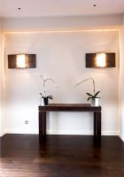 Modern hallway with table and orchids with contemporary lighting