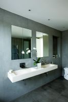 Stylish contemporary bathroom with wall mounted double stone sink, grey slate walls, mirrors and white orchid