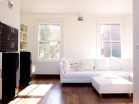 Modern white living room with dark wood flooring