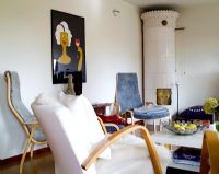 Scandinavian living room with traditional wood burner