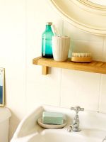 Detail of bathroom sink with shelf above