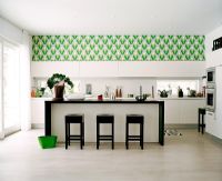 Modern kitchen with retro wallpaper