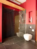 Modern red bathroom with shower enclosure 