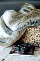 Closeup of fur throw, basket and binoculars