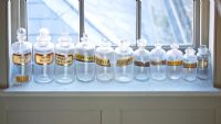 Bottles on display on windowsill 