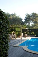 Swimming pool with outdoor dining table beside