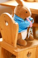 Close-up of child's chair and stuffed rabbit