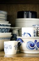 Blue and white patterned crockery, detail