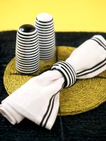View of salt and pepper shakers with napkin