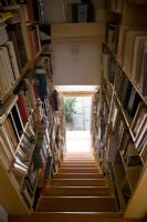 Staircase lined with bookshelves