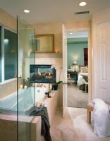 Contemporary Master Bathroom with Fireplace