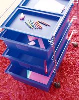 Blue storage cabinet on a red rug