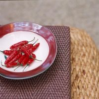Red chillies on plates close-up