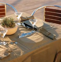 Place setting on dining table with martini glasses