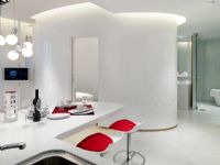 White modern interior with red accents