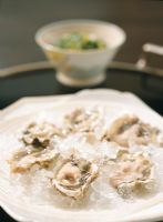 Close-up of a iced plate of raw oysters