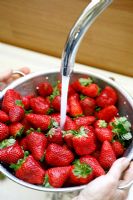 Strawberries being washed in sink